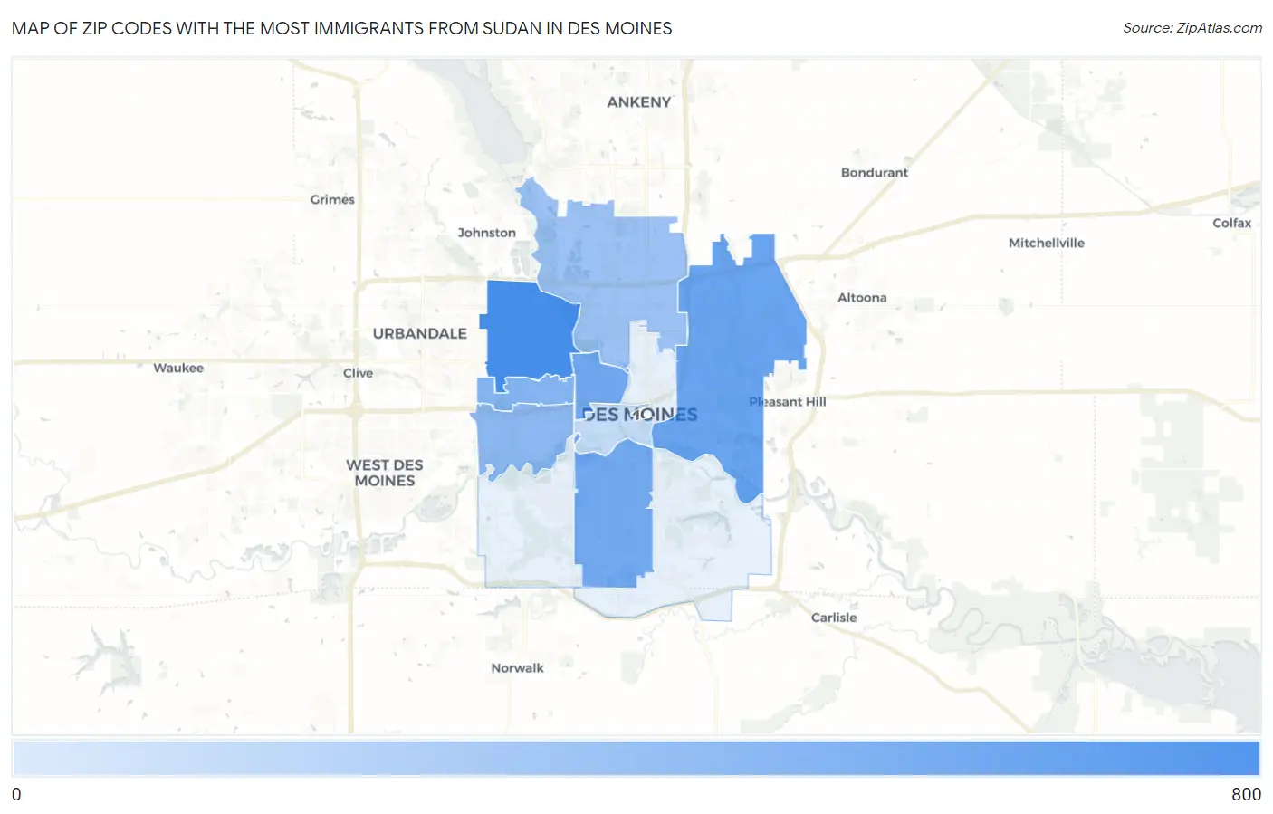 Zip Codes with the Most Immigrants from Sudan in Des Moines Map
