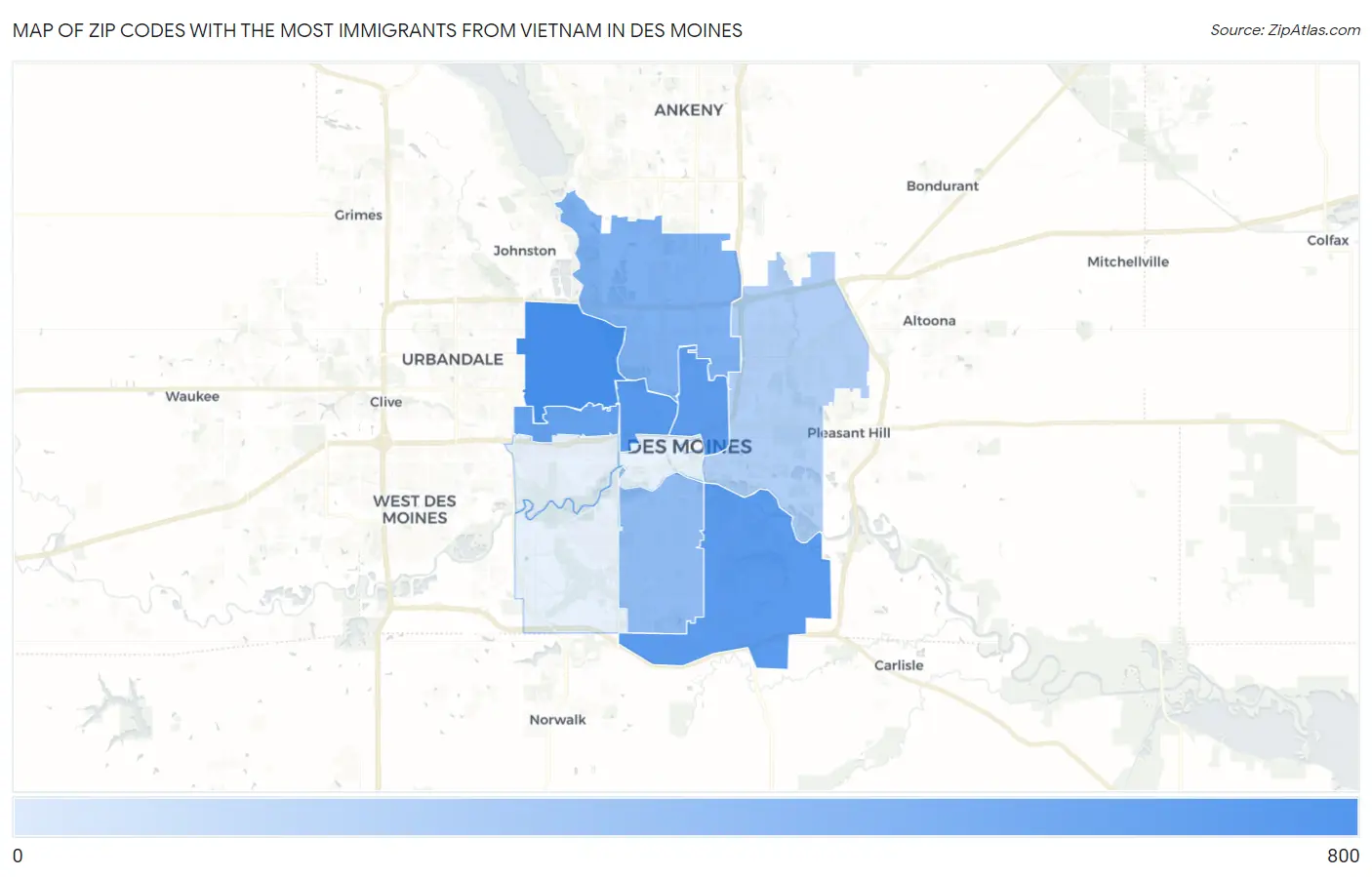 Zip Codes with the Most Immigrants from Vietnam in Des Moines Map