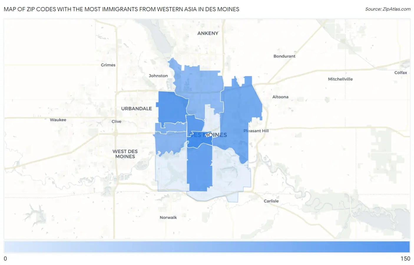 Zip Codes with the Most Immigrants from Western Asia in Des Moines Map
