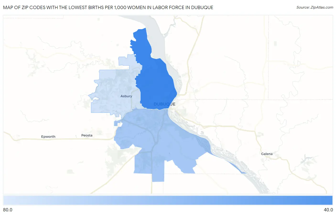 Zip Codes with the Lowest Births per 1,000 Women in Labor Force in Dubuque Map