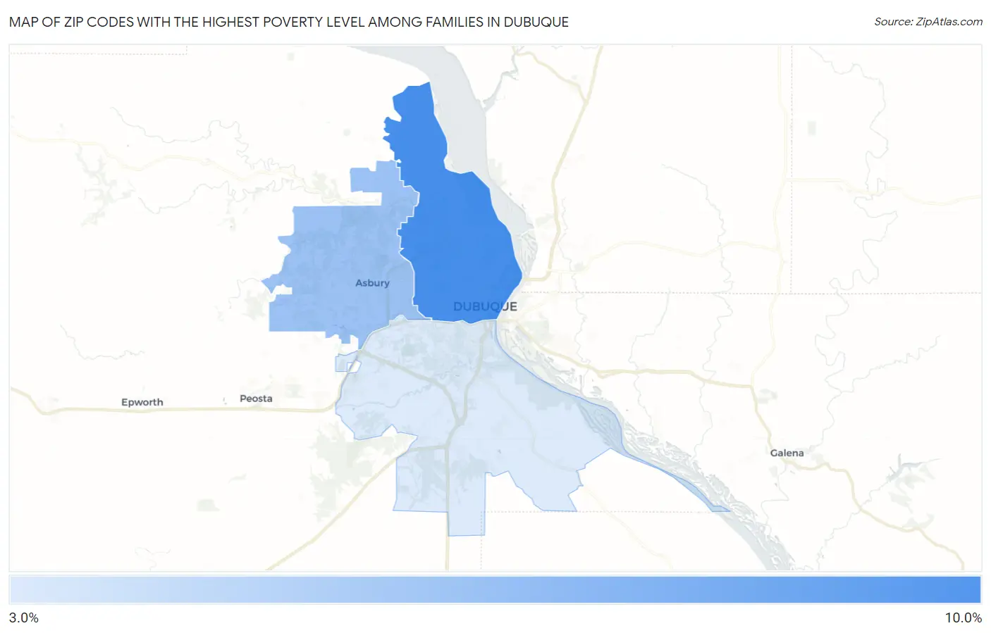Zip Codes with the Highest Poverty Level Among Families in Dubuque Map