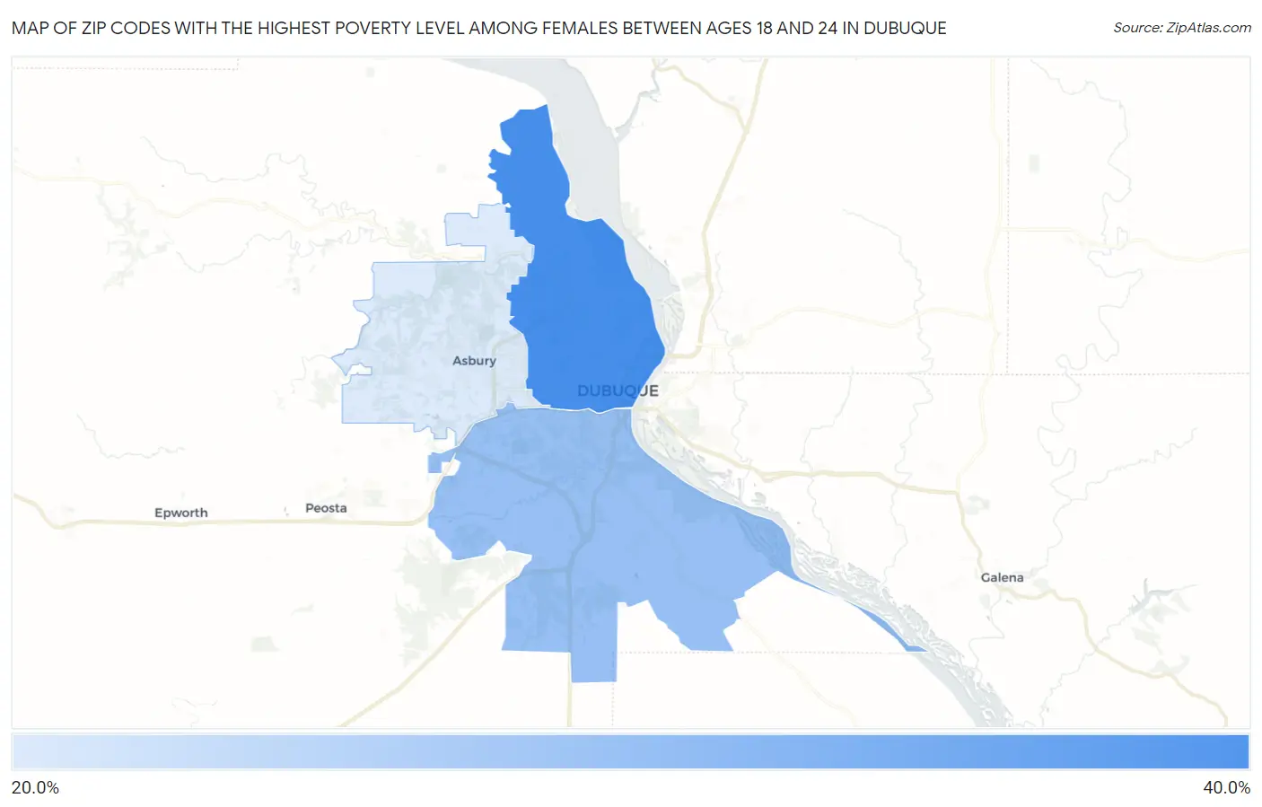 Zip Codes with the Highest Poverty Level Among Females Between Ages 18 and 24 in Dubuque Map