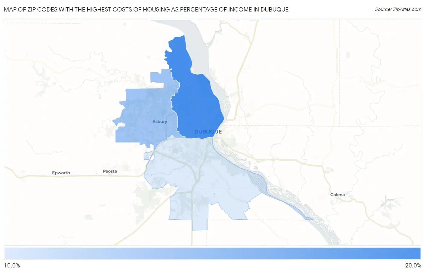 Zip Codes with the Highest Costs of Housing as Percentage of Income in Dubuque Map