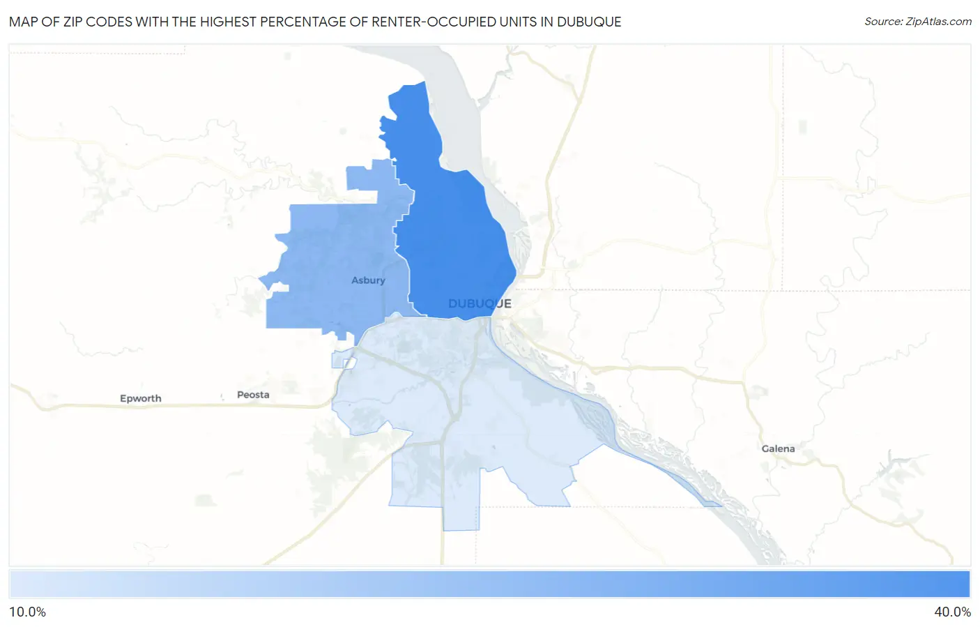 Zip Codes with the Highest Percentage of Renter-Occupied Units in Dubuque Map