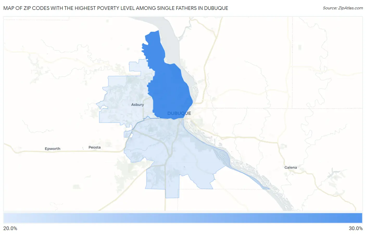 Zip Codes with the Highest Poverty Level Among Single Fathers in Dubuque Map
