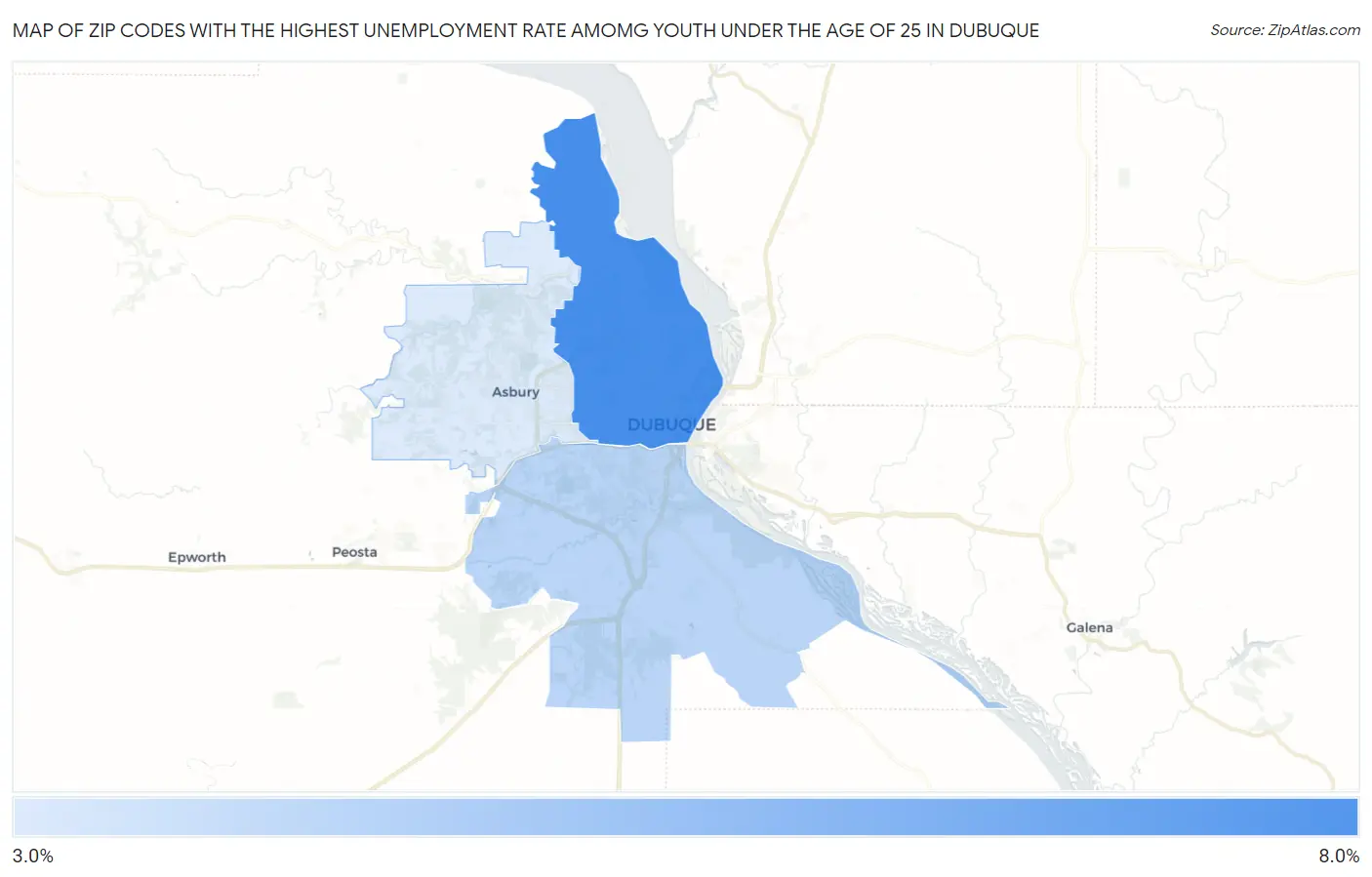 Zip Codes with the Highest Unemployment Rate Amomg Youth Under the Age of 25 in Dubuque Map