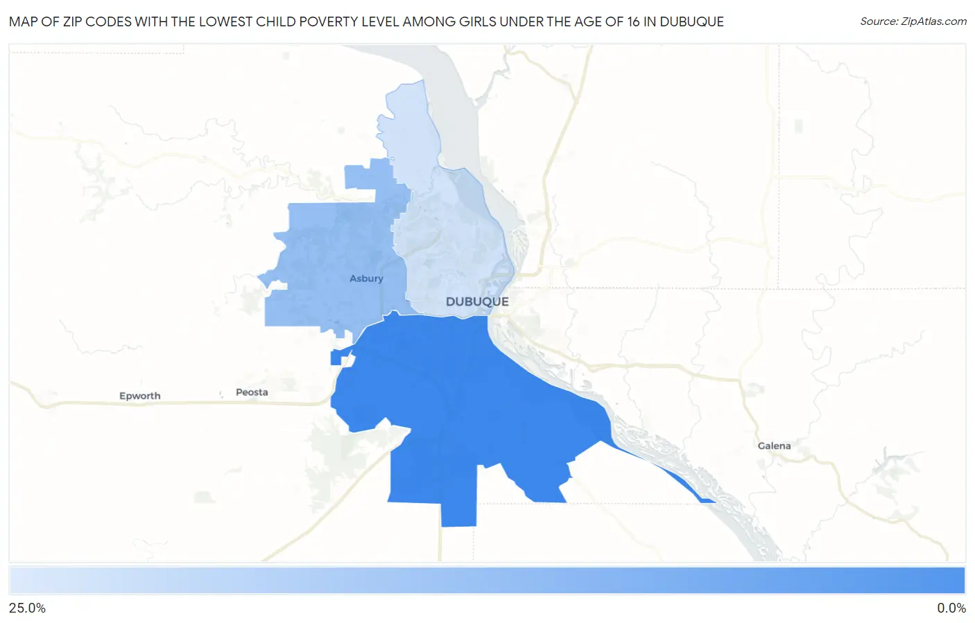 Zip Codes with the Lowest Child Poverty Level Among Girls Under the Age of 16 in Dubuque Map