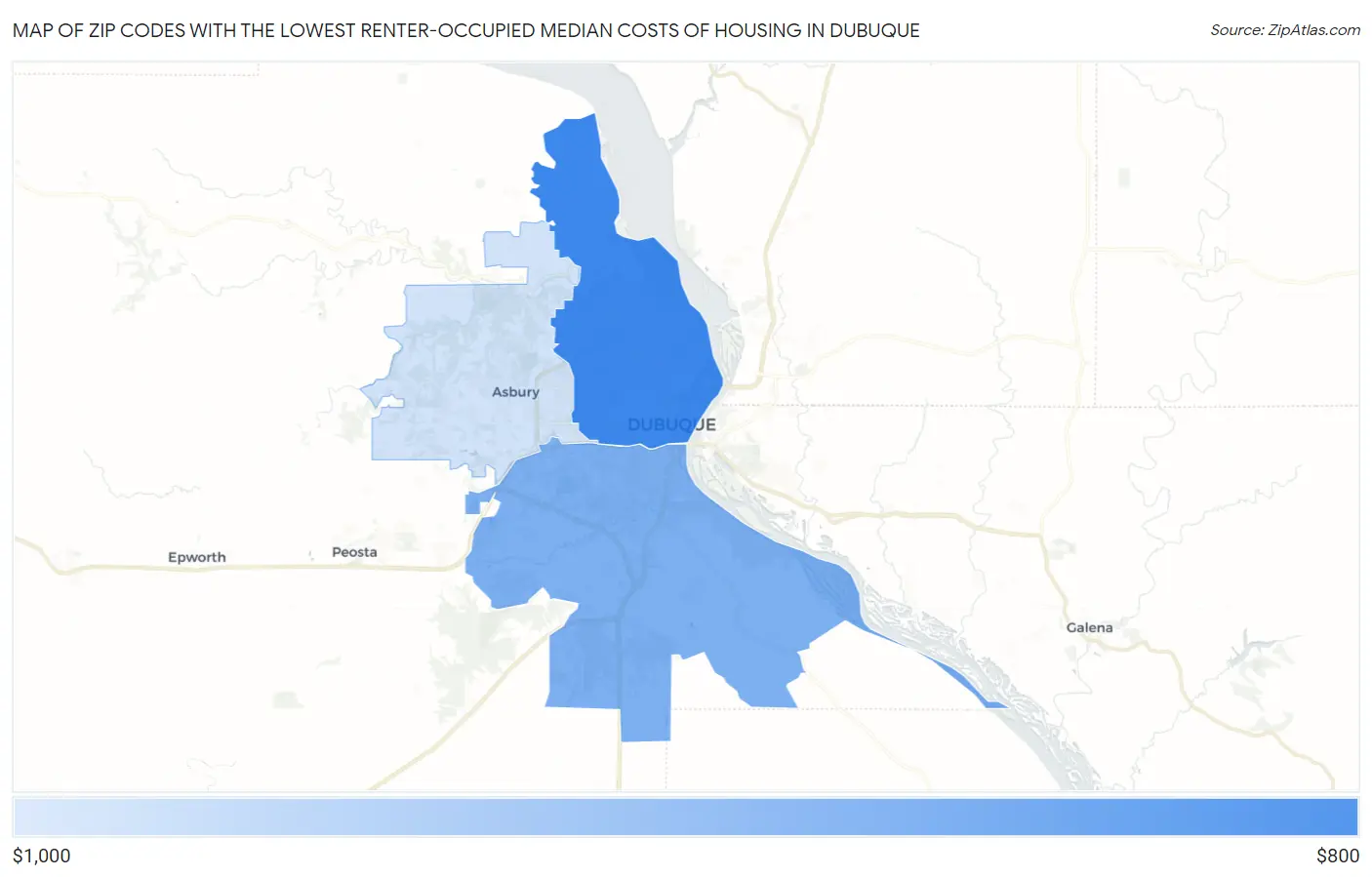 Zip Codes with the Lowest Renter-Occupied Median Costs of Housing in Dubuque Map