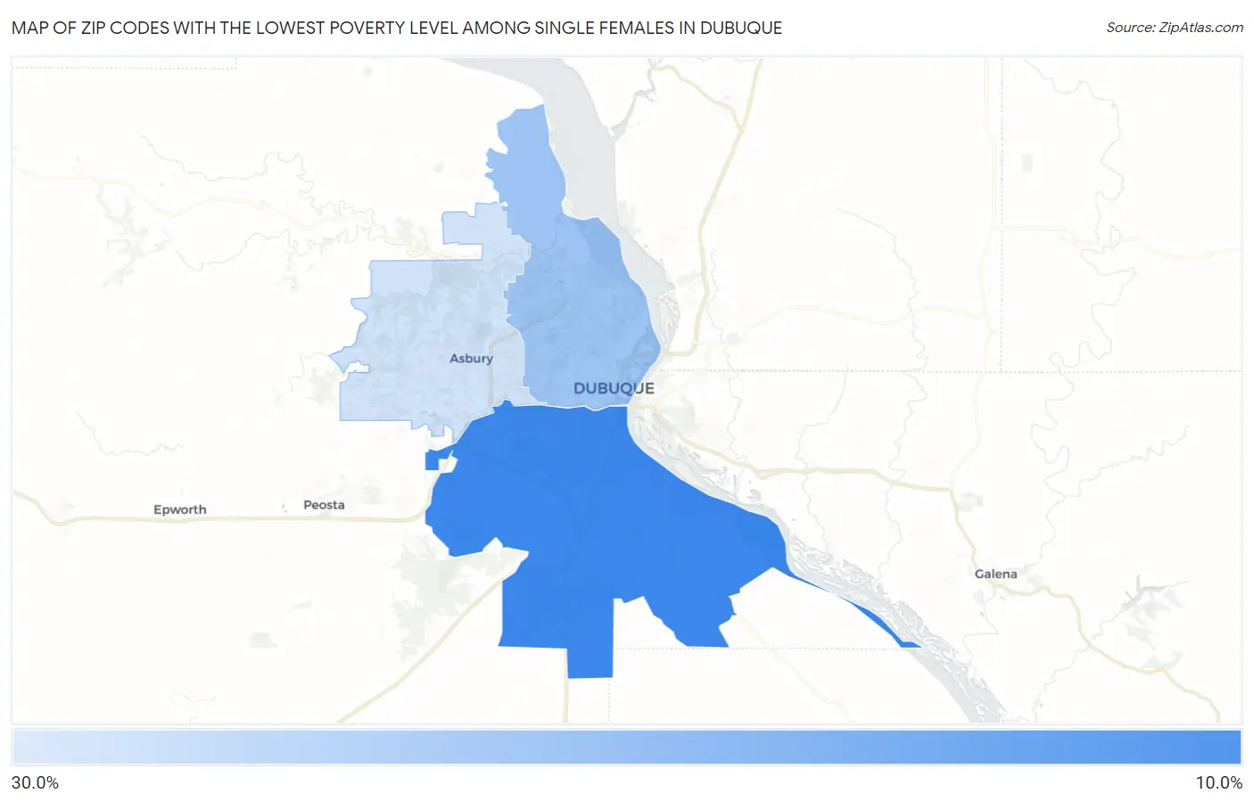 Zip Codes with the Lowest Poverty Level Among Single Females in Dubuque Map