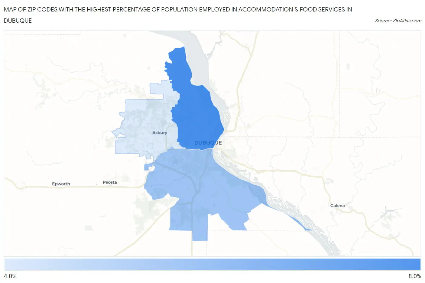 Zip Codes with the Highest Percentage of Population Employed in Accommodation & Food Services in Dubuque Map