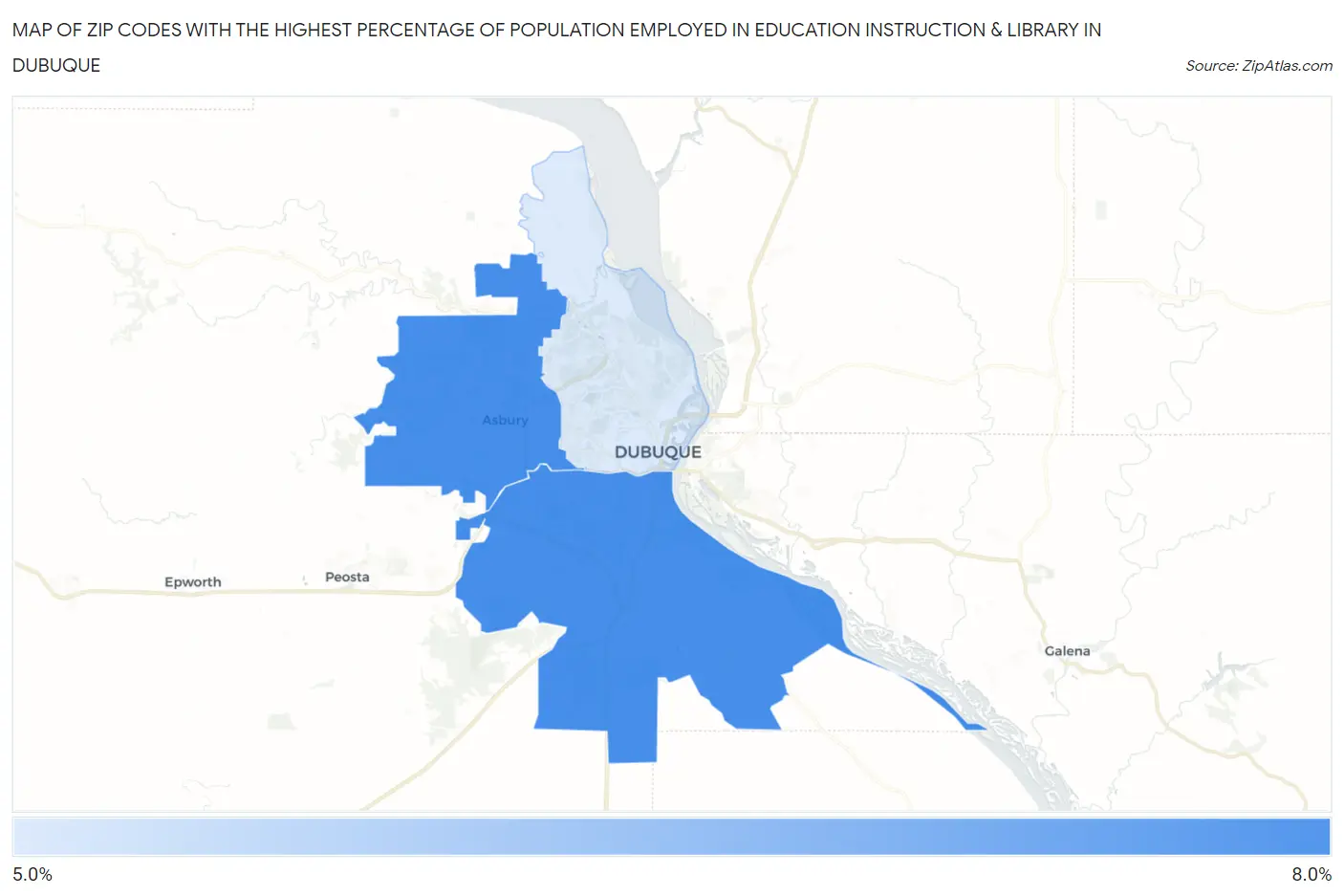 Zip Codes with the Highest Percentage of Population Employed in Education Instruction & Library in Dubuque Map