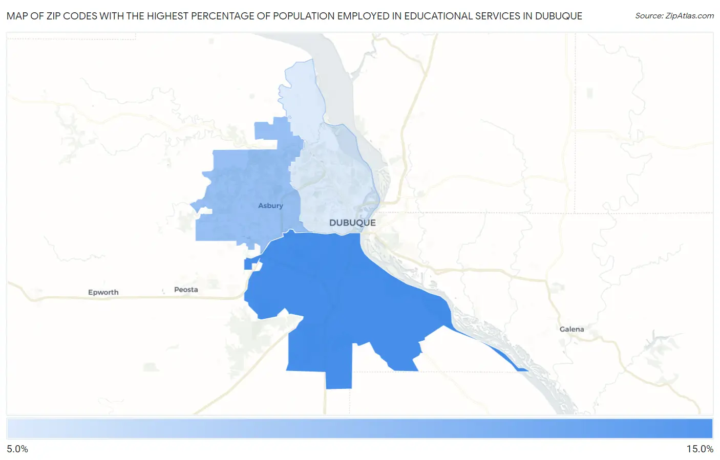 Zip Codes with the Highest Percentage of Population Employed in Educational Services in Dubuque Map