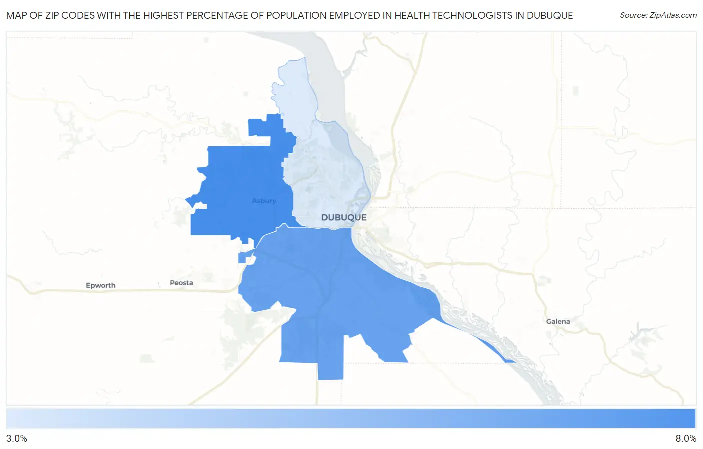 Zip Codes with the Highest Percentage of Population Employed in Health Technologists in Dubuque Map