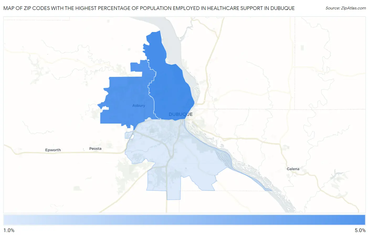 Zip Codes with the Highest Percentage of Population Employed in Healthcare Support in Dubuque Map