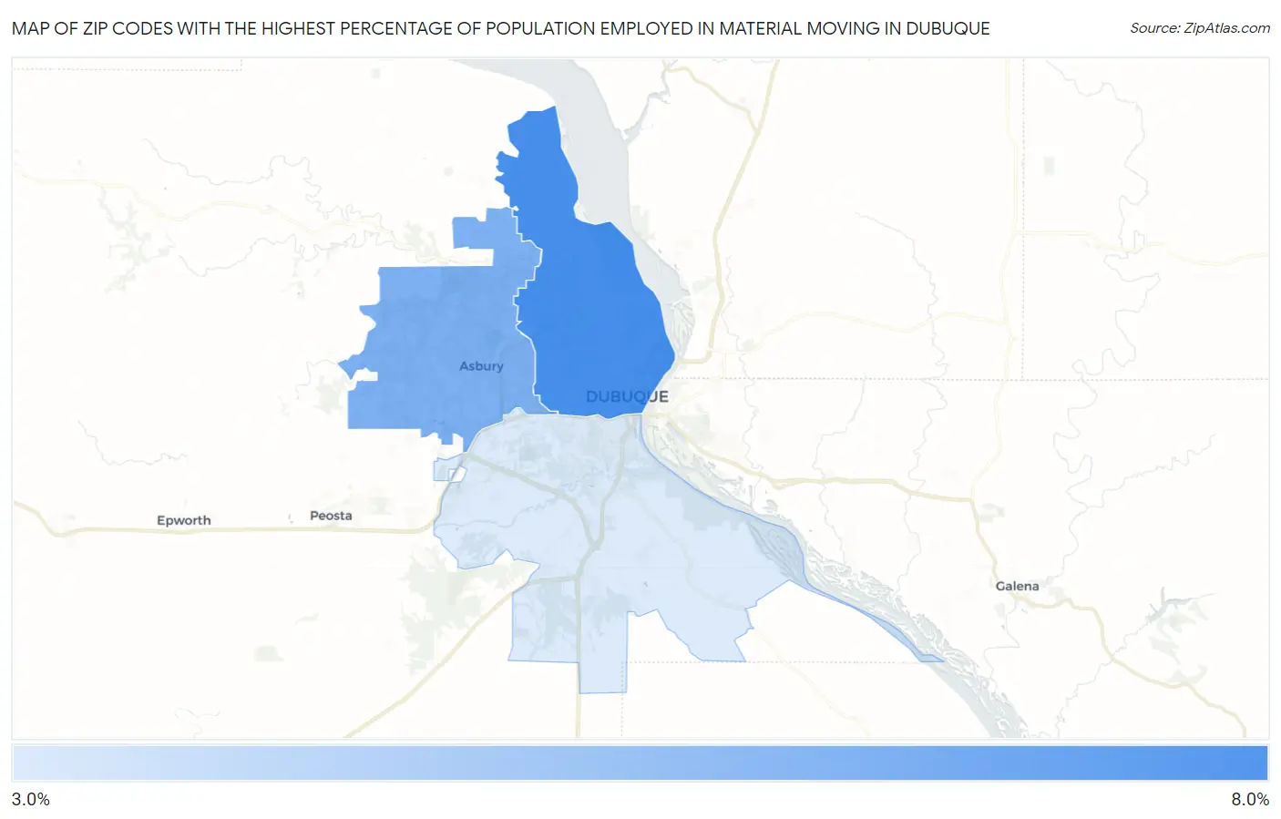 Zip Codes with the Highest Percentage of Population Employed in Material Moving in Dubuque Map