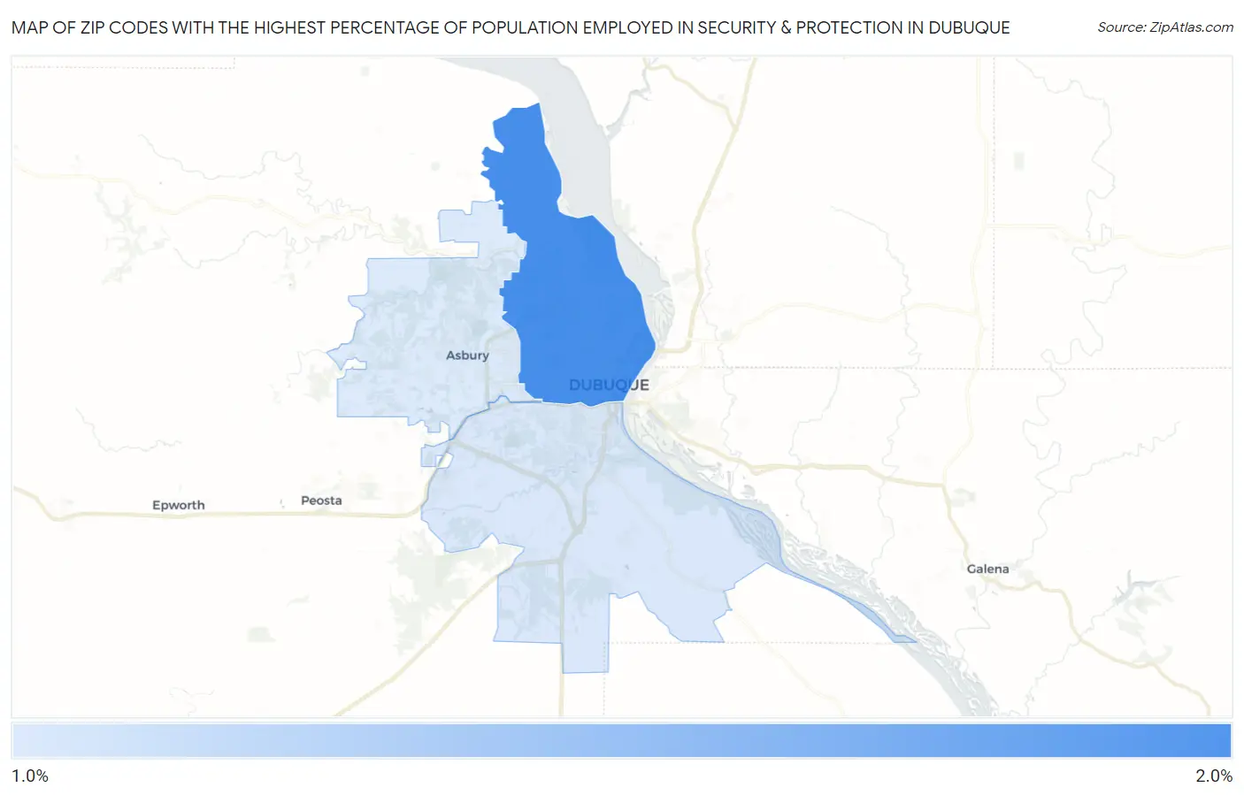 Zip Codes with the Highest Percentage of Population Employed in Security & Protection in Dubuque Map
