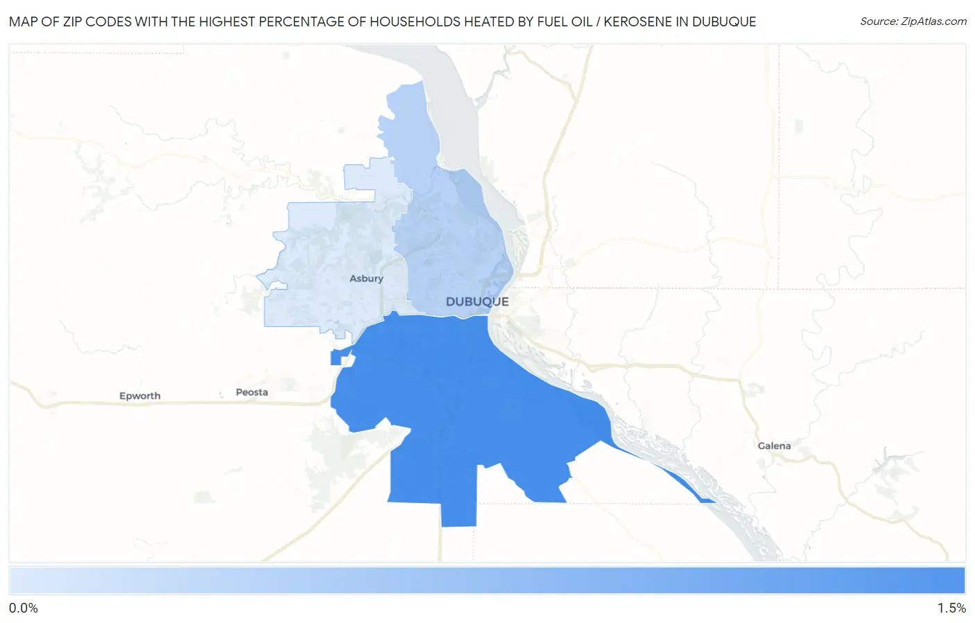 Zip Codes with the Highest Percentage of Households Heated by Fuel Oil / Kerosene in Dubuque Map