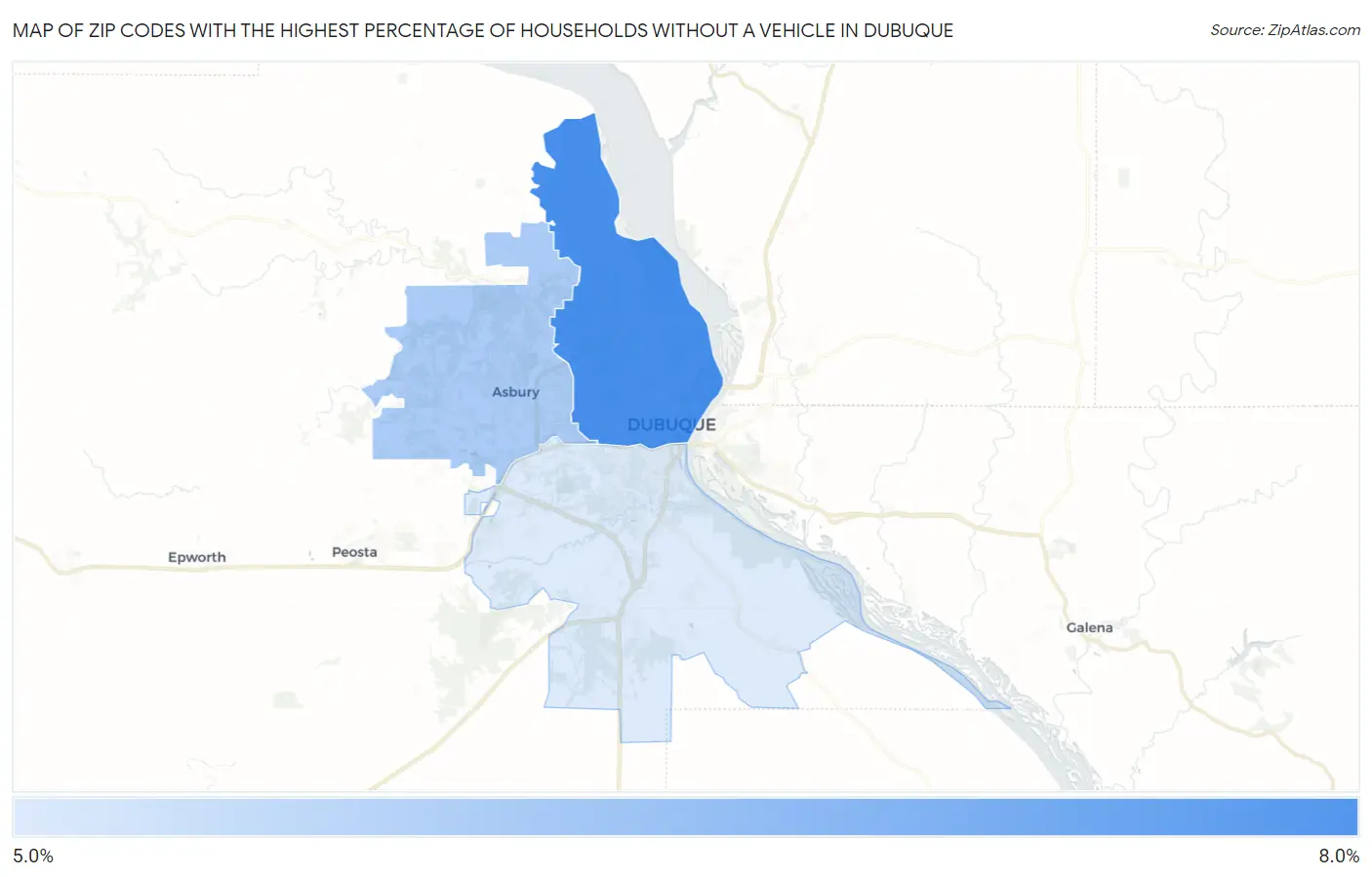 Zip Codes with the Highest Percentage of Households Without a Vehicle in Dubuque Map