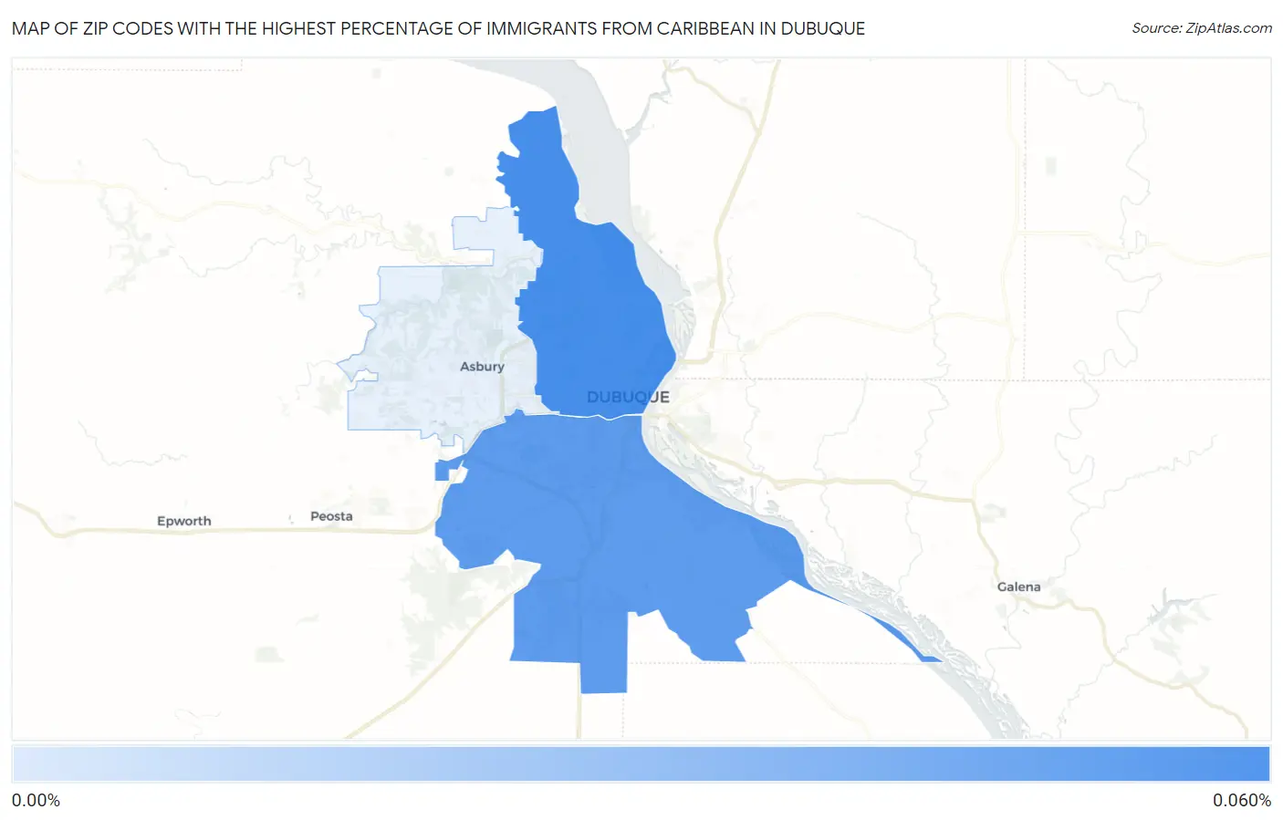 Zip Codes with the Highest Percentage of Immigrants from Caribbean in Dubuque Map