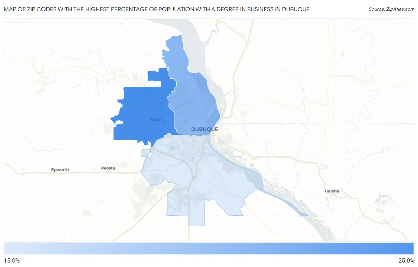 Zip Codes with the Highest Percentage of Population with a Degree in Business in Dubuque Map