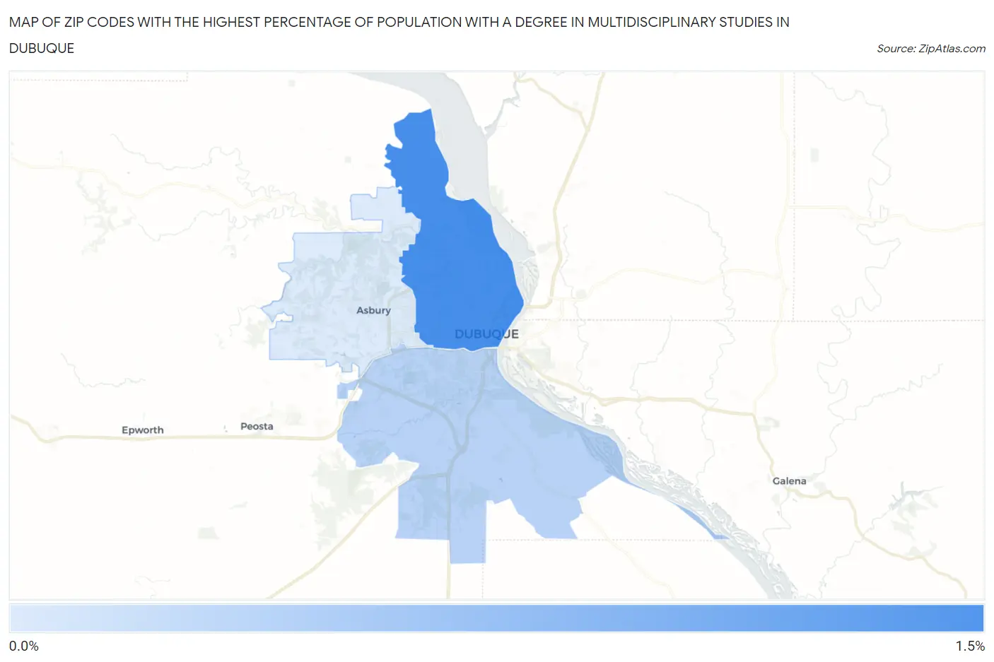 Zip Codes with the Highest Percentage of Population with a Degree in Multidisciplinary Studies in Dubuque Map
