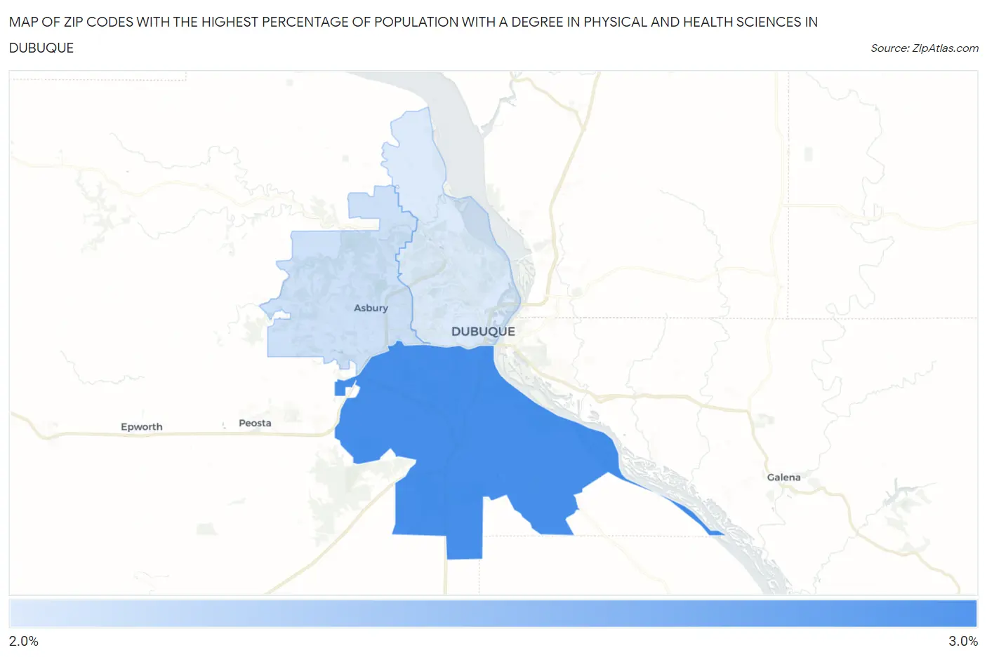 Zip Codes with the Highest Percentage of Population with a Degree in Physical and Health Sciences in Dubuque Map