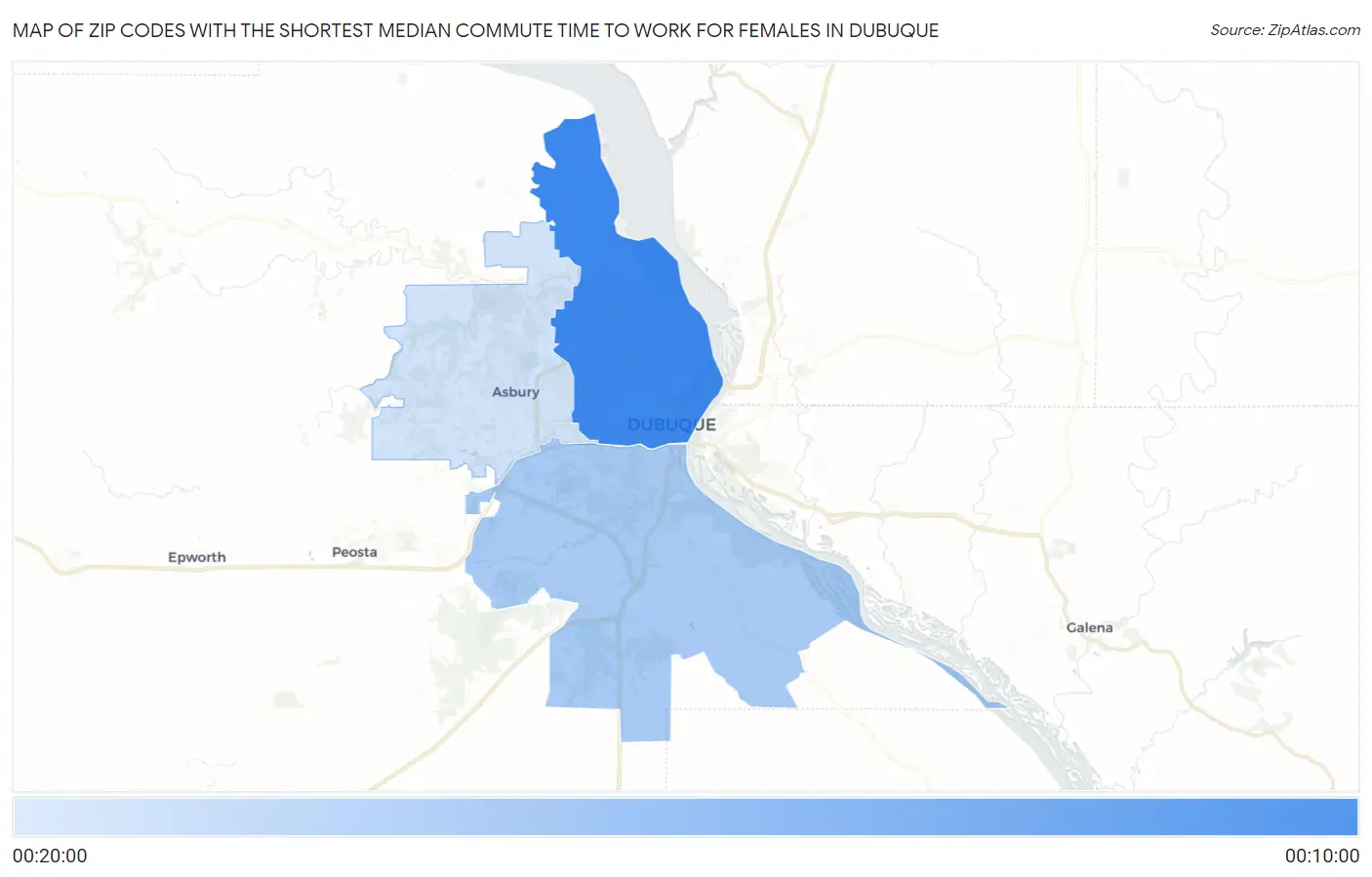 Zip Codes with the Shortest Median Commute Time to Work for Females in Dubuque Map