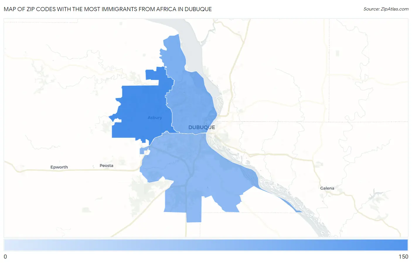 Zip Codes with the Most Immigrants from Africa in Dubuque Map