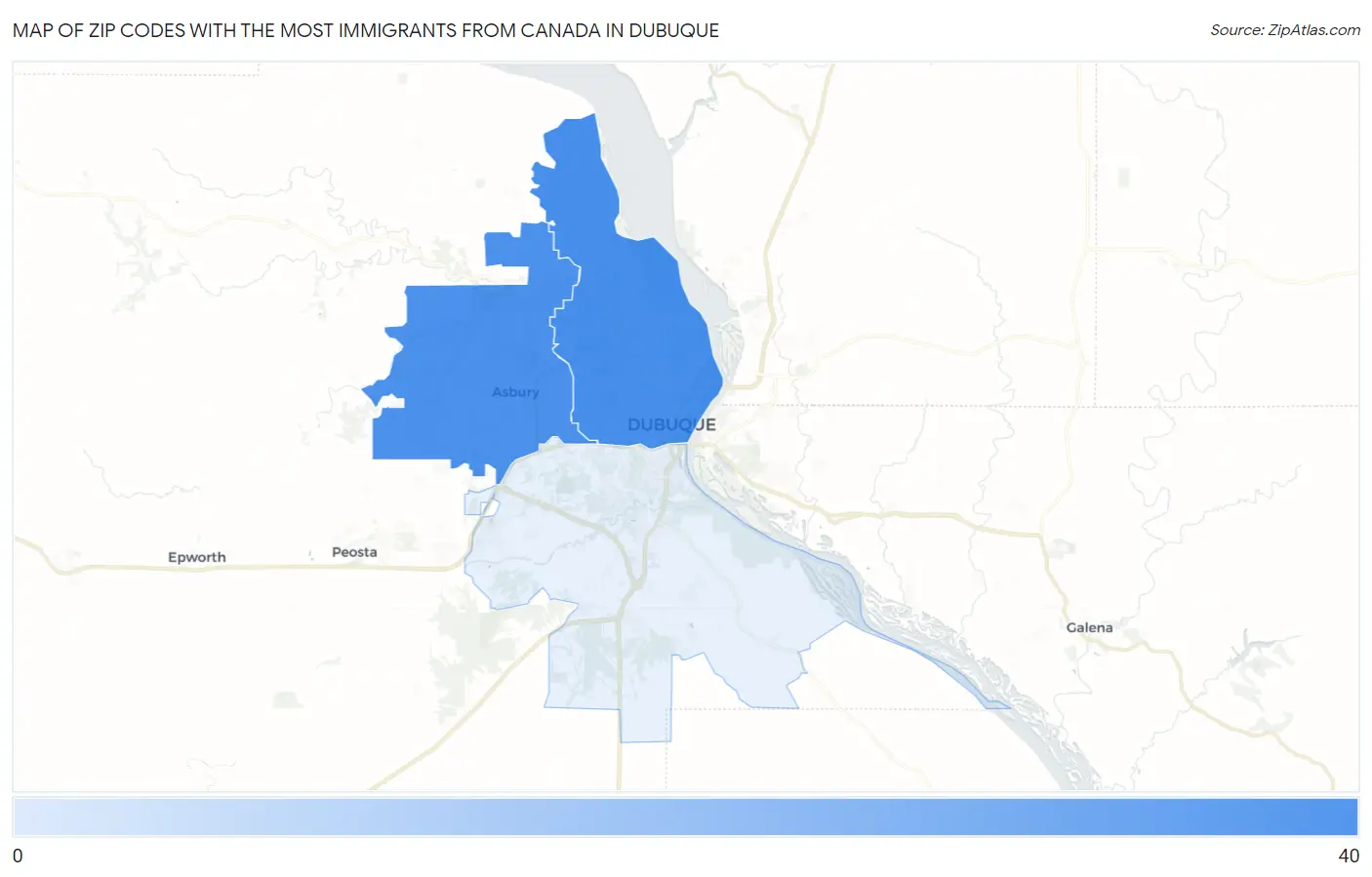 Zip Codes with the Most Immigrants from Canada in Dubuque Map