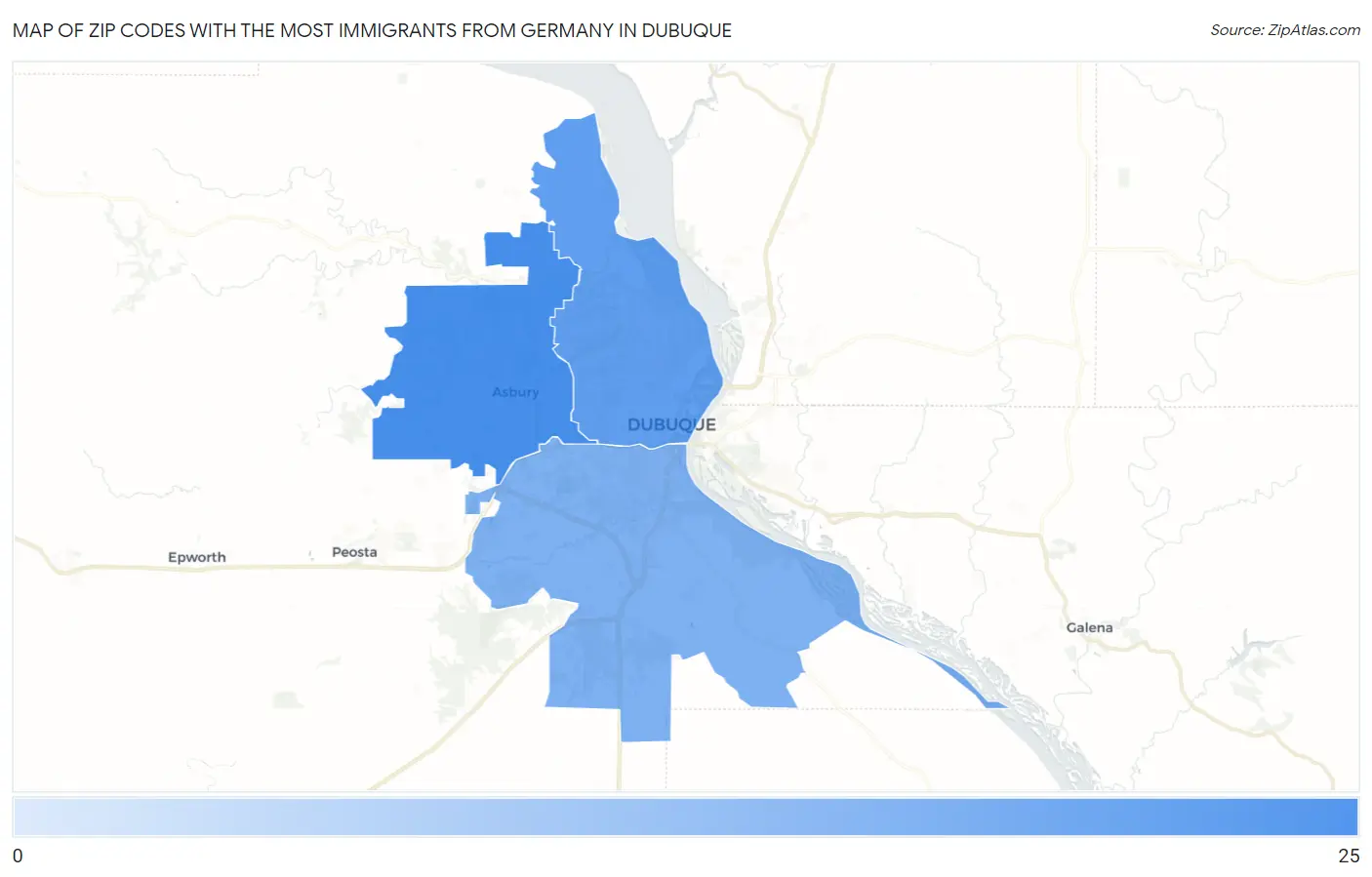 Zip Codes with the Most Immigrants from Germany in Dubuque Map