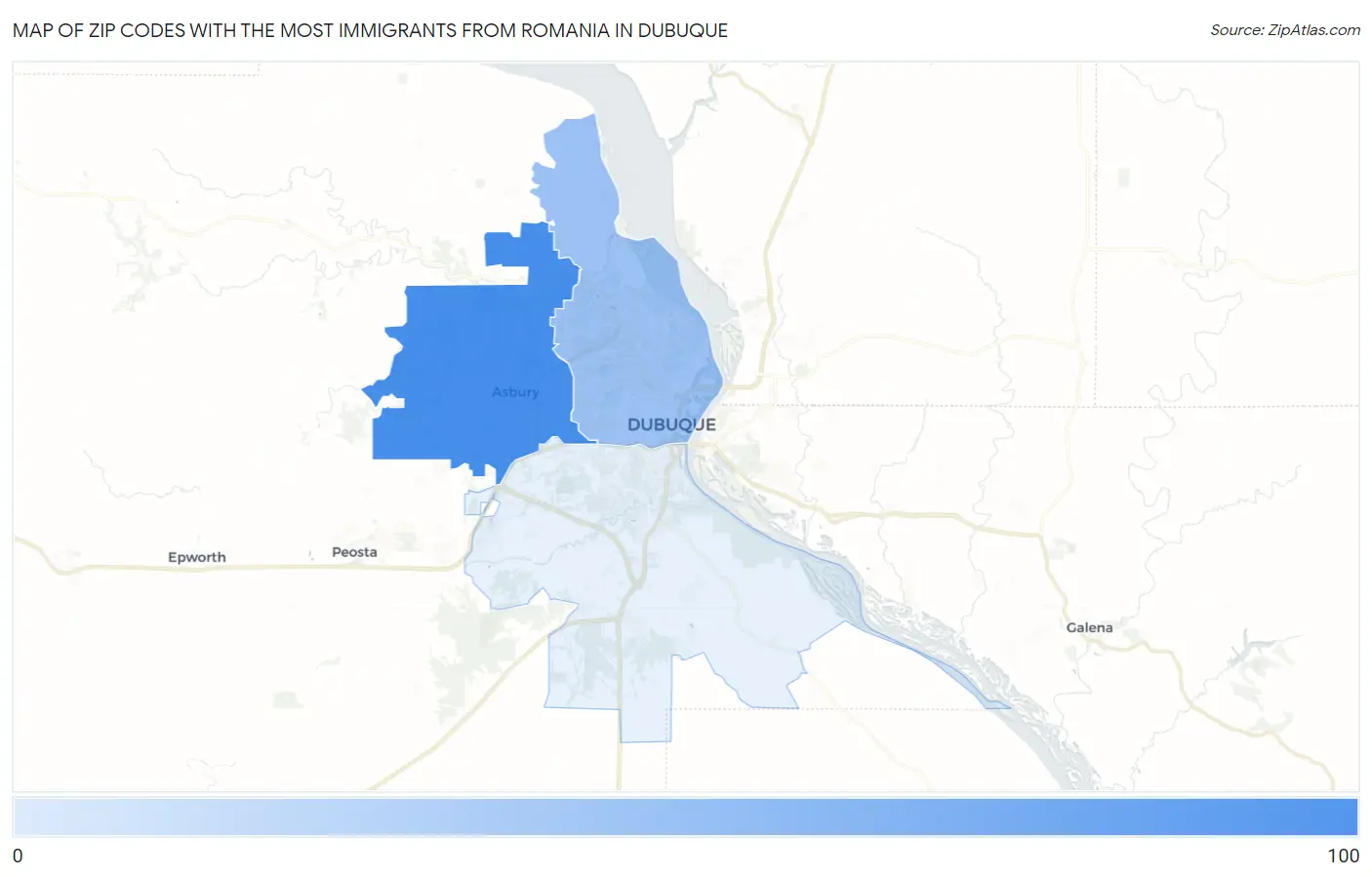 Zip Codes with the Most Immigrants from Romania in Dubuque Map