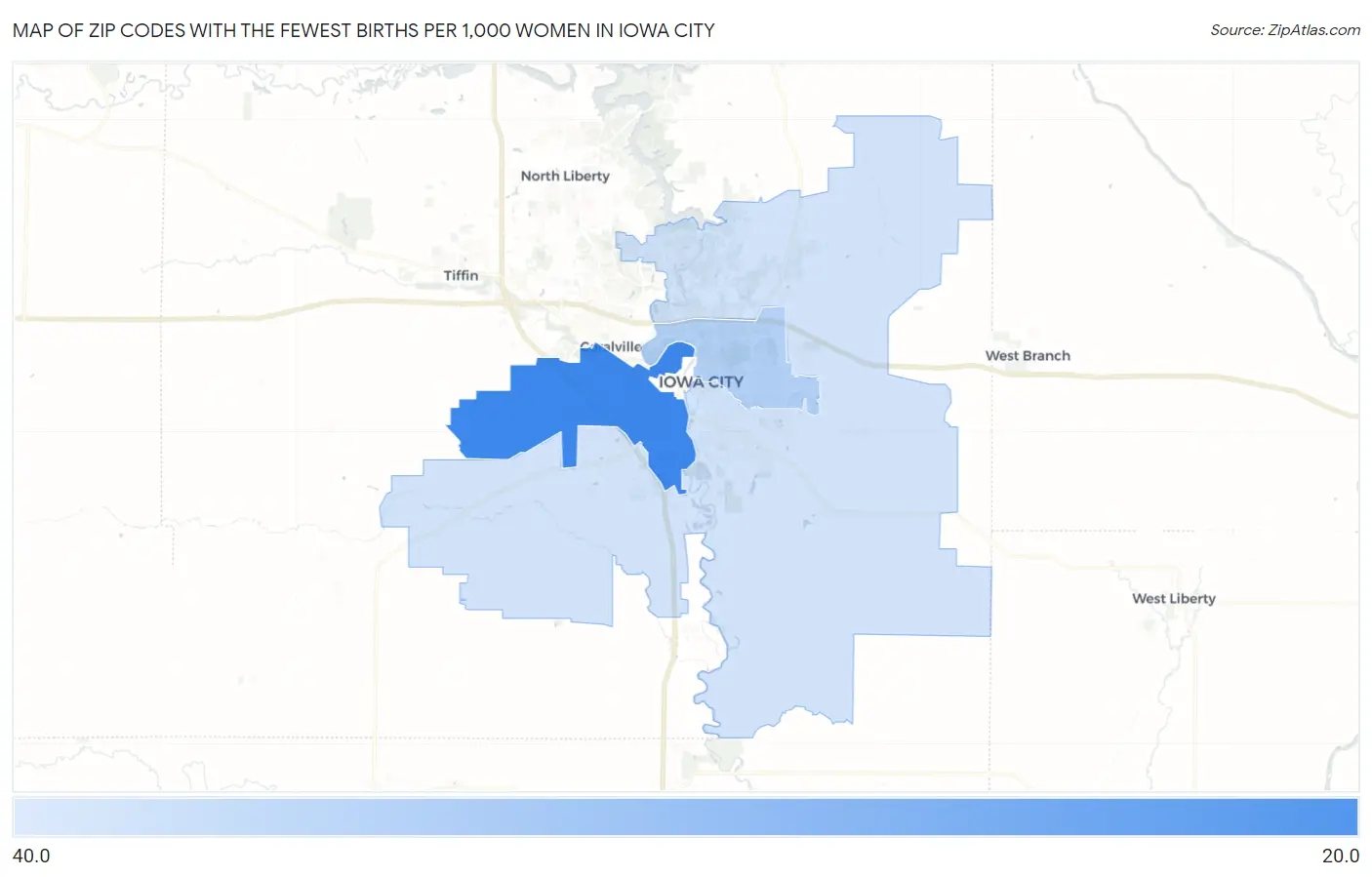 Zip Codes with the Fewest Births per 1,000 Women in Iowa City Map