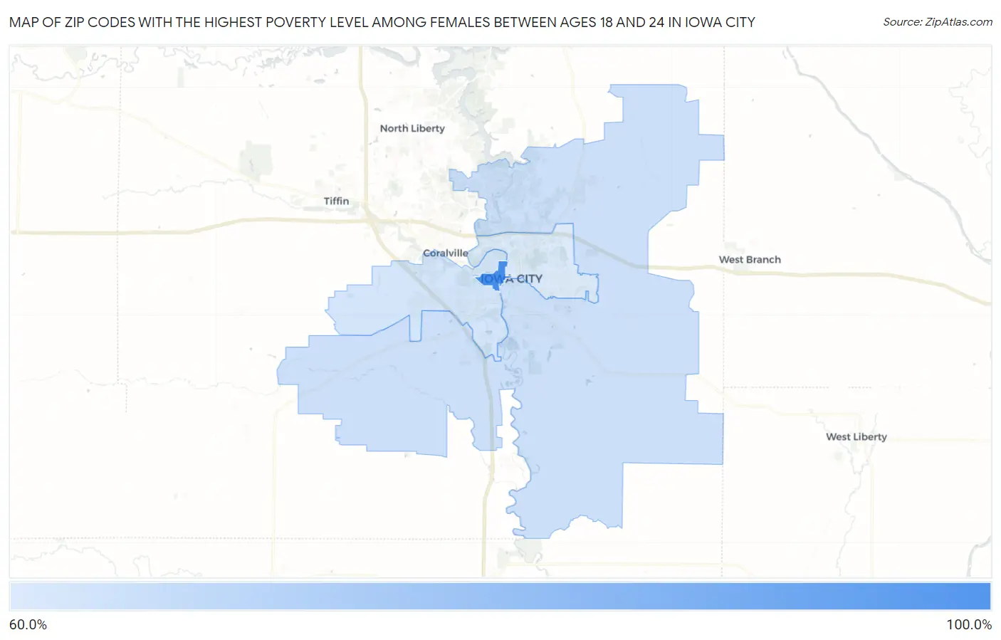 Zip Codes with the Highest Poverty Level Among Females Between Ages 18 and 24 in Iowa City Map