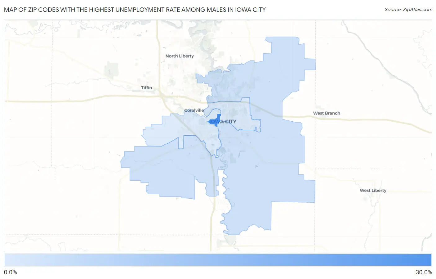 Zip Codes with the Highest Unemployment Rate Among Males in Iowa City Map