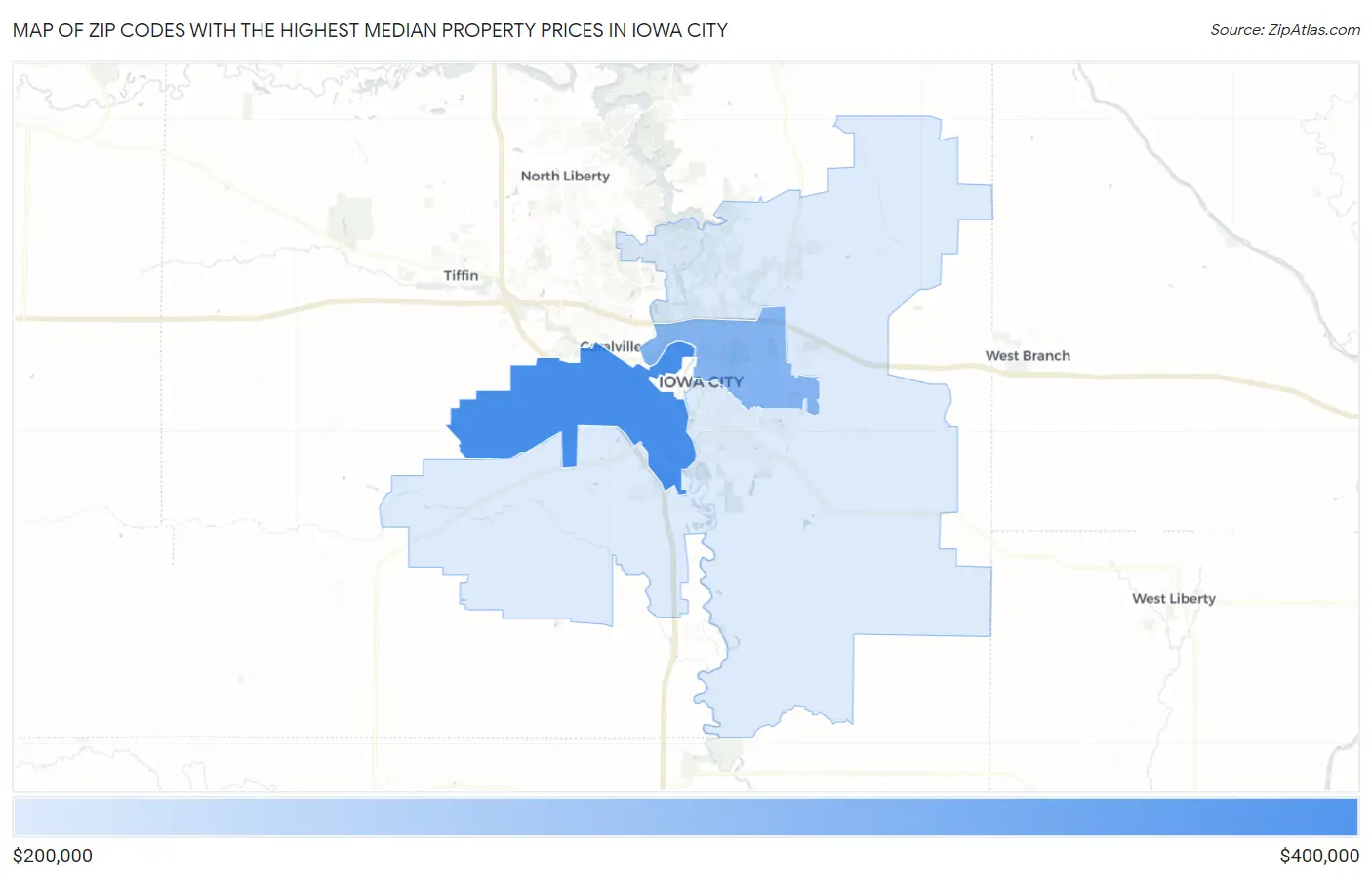 Zip Codes with the Highest Median Property Prices in Iowa City Map