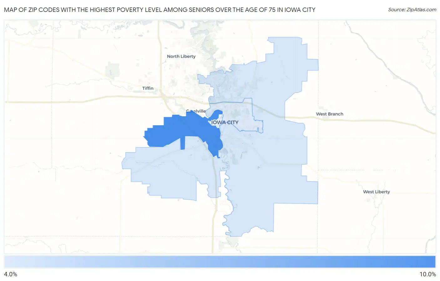 Zip Codes with the Highest Poverty Level Among Seniors Over the Age of 75 in Iowa City Map
