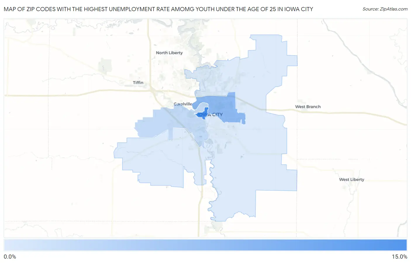 Zip Codes with the Highest Unemployment Rate Amomg Youth Under the Age of 25 in Iowa City Map