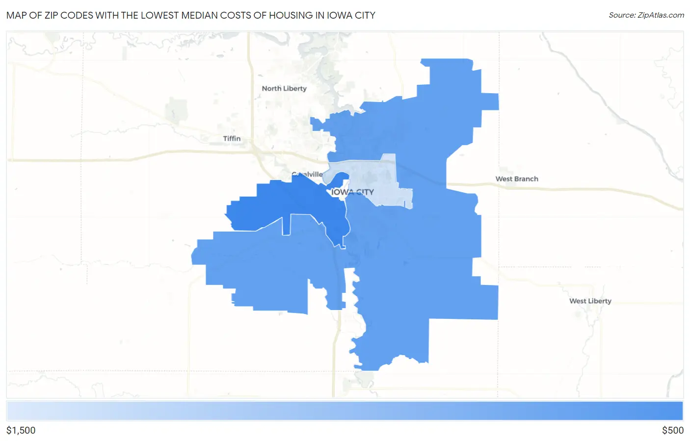 Zip Codes with the Lowest Median Costs of Housing in Iowa City Map