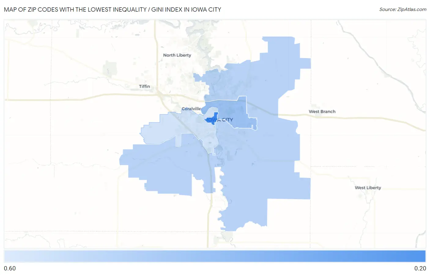 Zip Codes with the Lowest Inequality / Gini Index in Iowa City Map