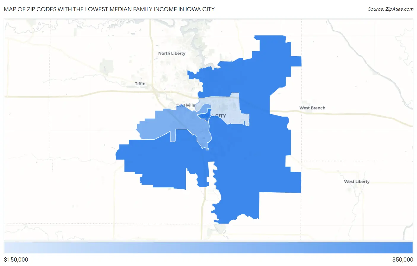 Zip Codes with the Lowest Median Family Income in Iowa City Map