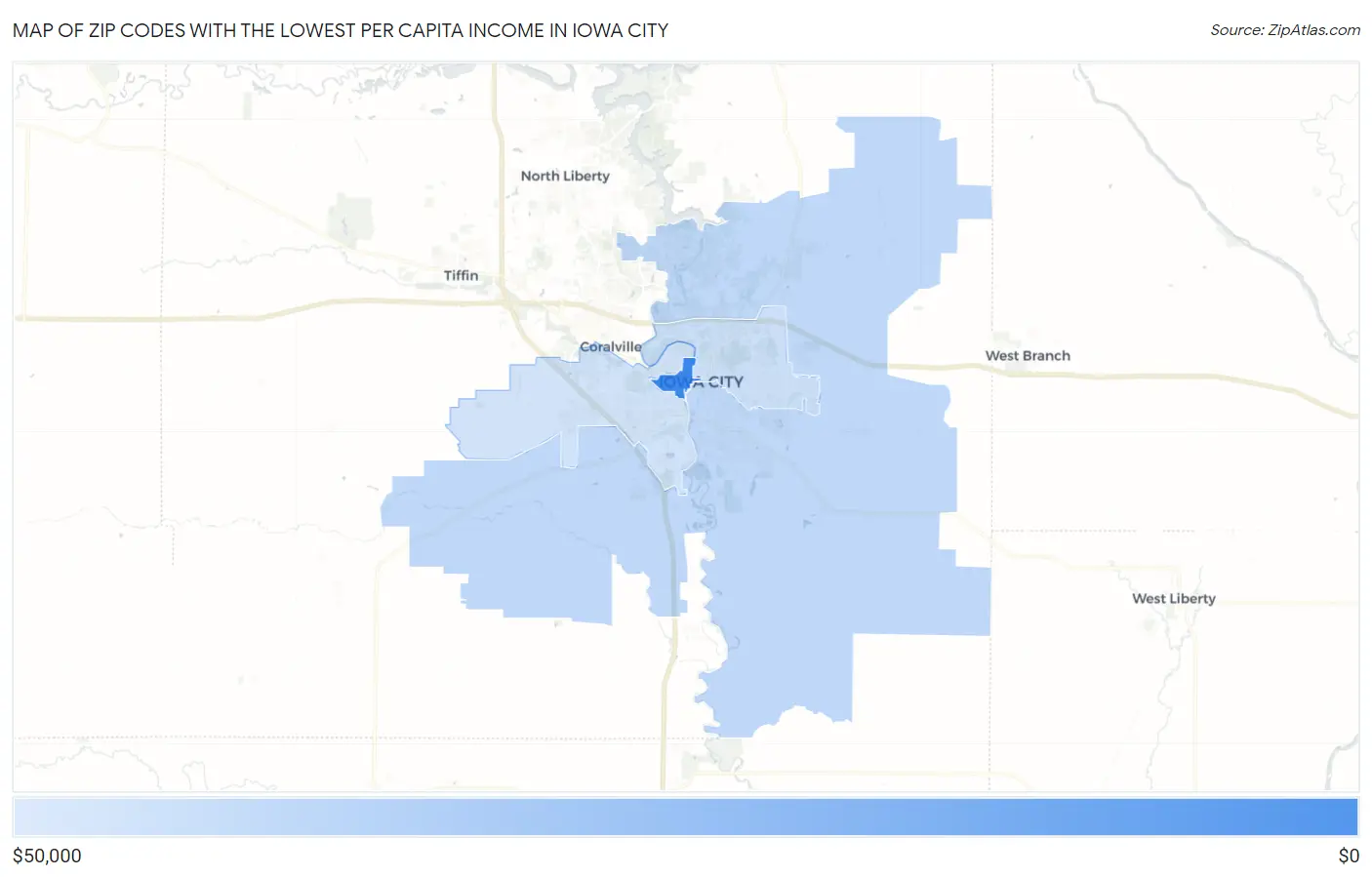 Zip Codes with the Lowest Per Capita Income in Iowa City Map