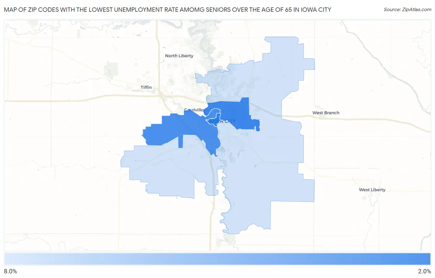 Zip Codes with the Lowest Unemployment Rate Amomg Seniors Over the Age of 65 in Iowa City Map