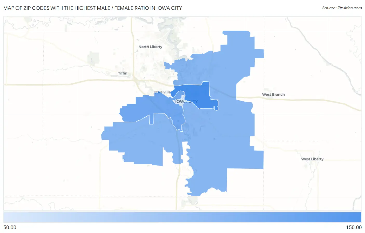 Zip Codes with the Highest Male / Female Ratio in Iowa City Map