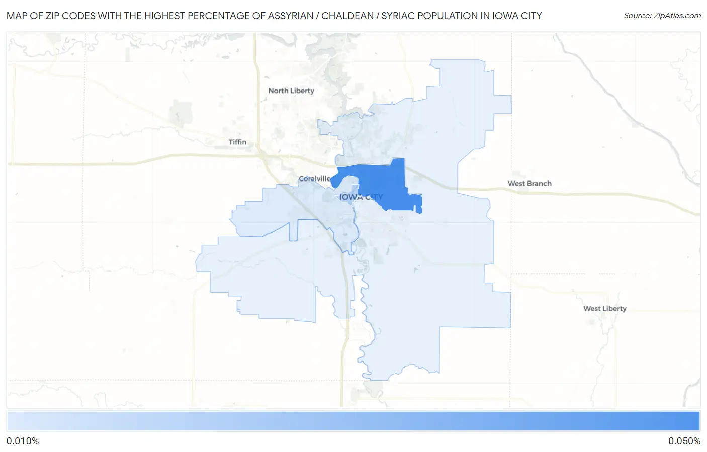 Zip Codes with the Highest Percentage of Assyrian / Chaldean / Syriac Population in Iowa City Map