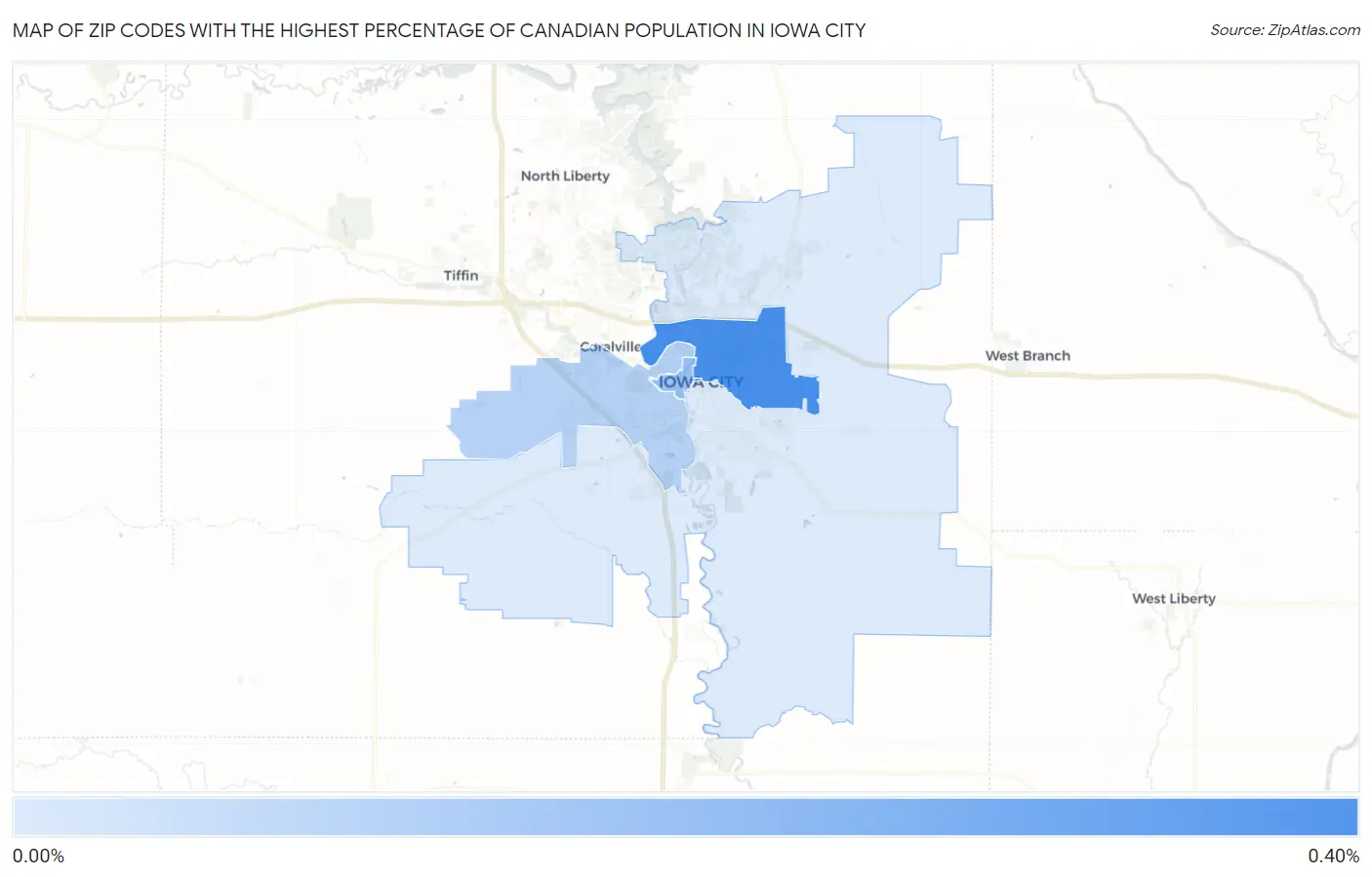 Zip Codes with the Highest Percentage of Canadian Population in Iowa City Map