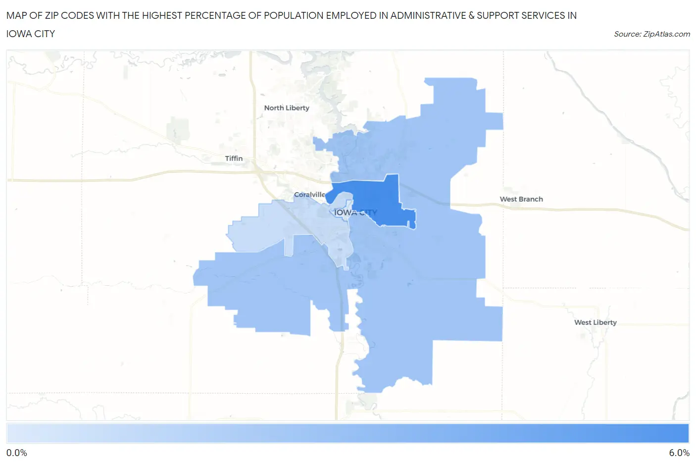 Zip Codes with the Highest Percentage of Population Employed in Administrative & Support Services in Iowa City Map