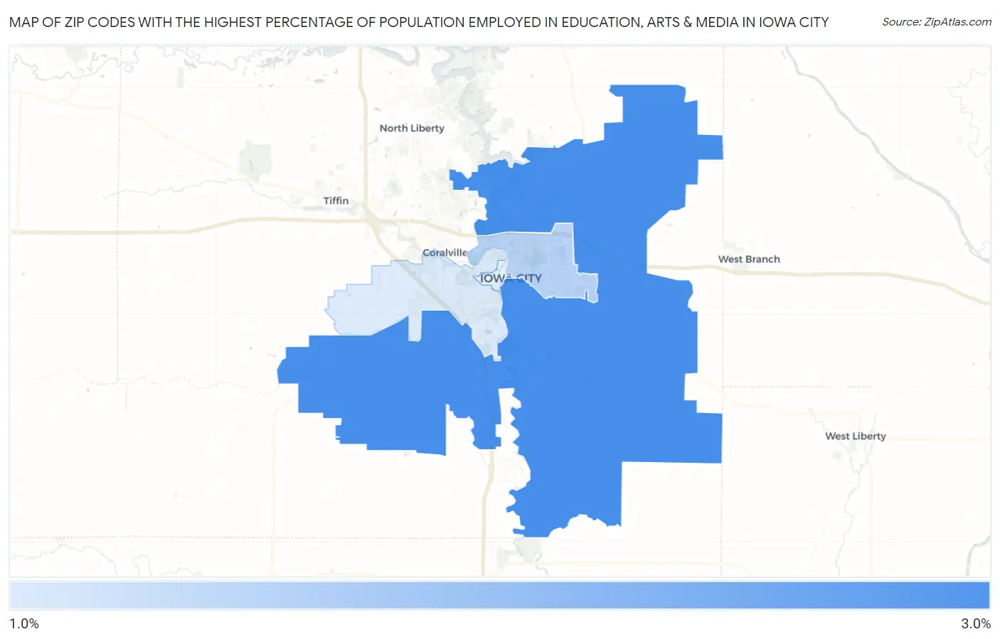 Zip Codes with the Highest Percentage of Population Employed in Education, Arts & Media in Iowa City Map