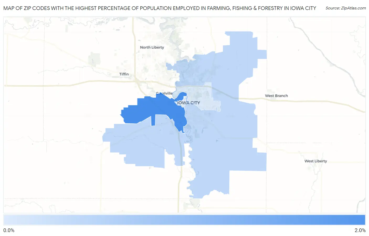 Zip Codes with the Highest Percentage of Population Employed in Farming, Fishing & Forestry in Iowa City Map