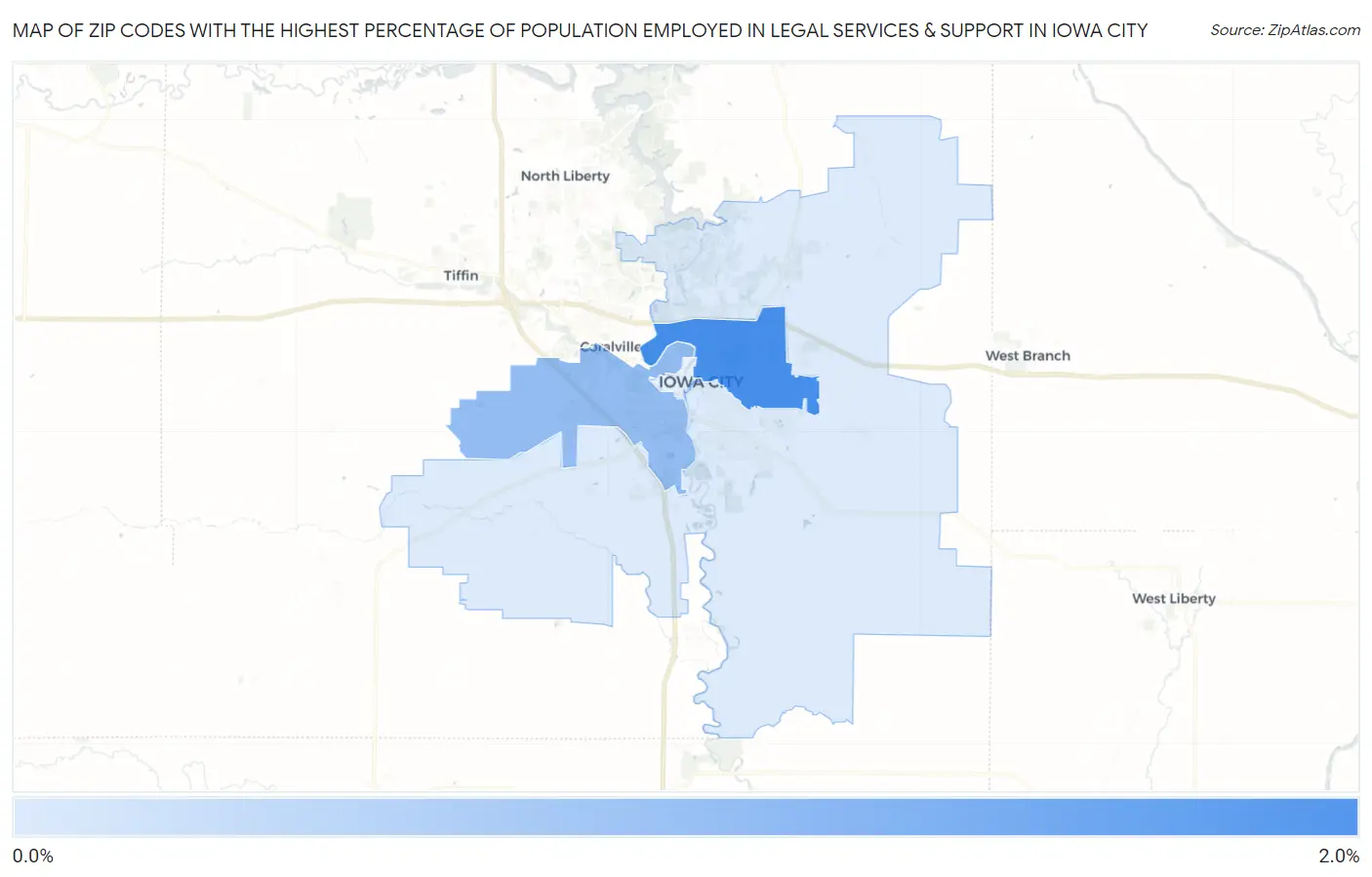 Zip Codes with the Highest Percentage of Population Employed in Legal Services & Support in Iowa City Map