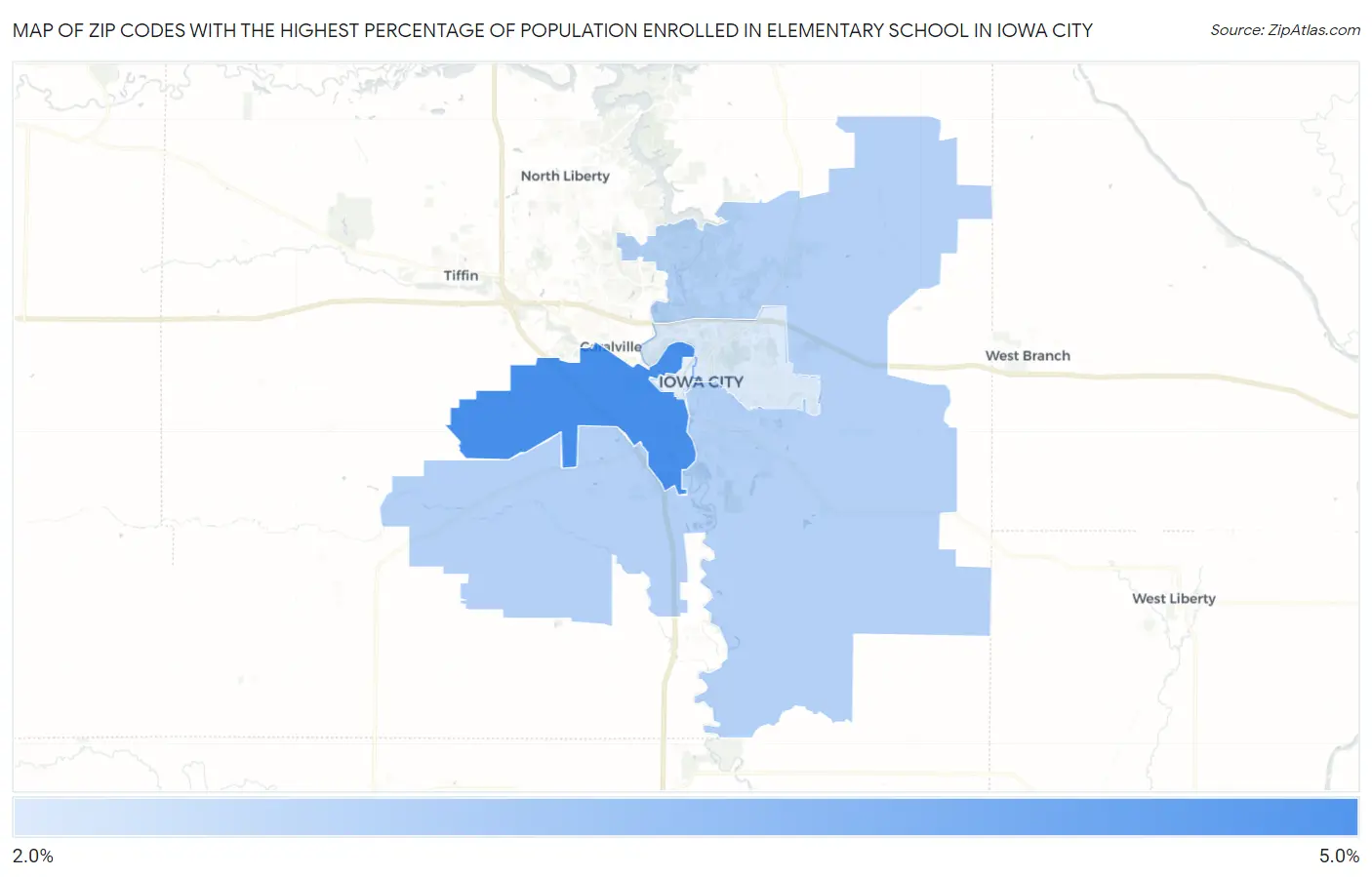 Zip Codes with the Highest Percentage of Population Enrolled in Elementary School in Iowa City Map